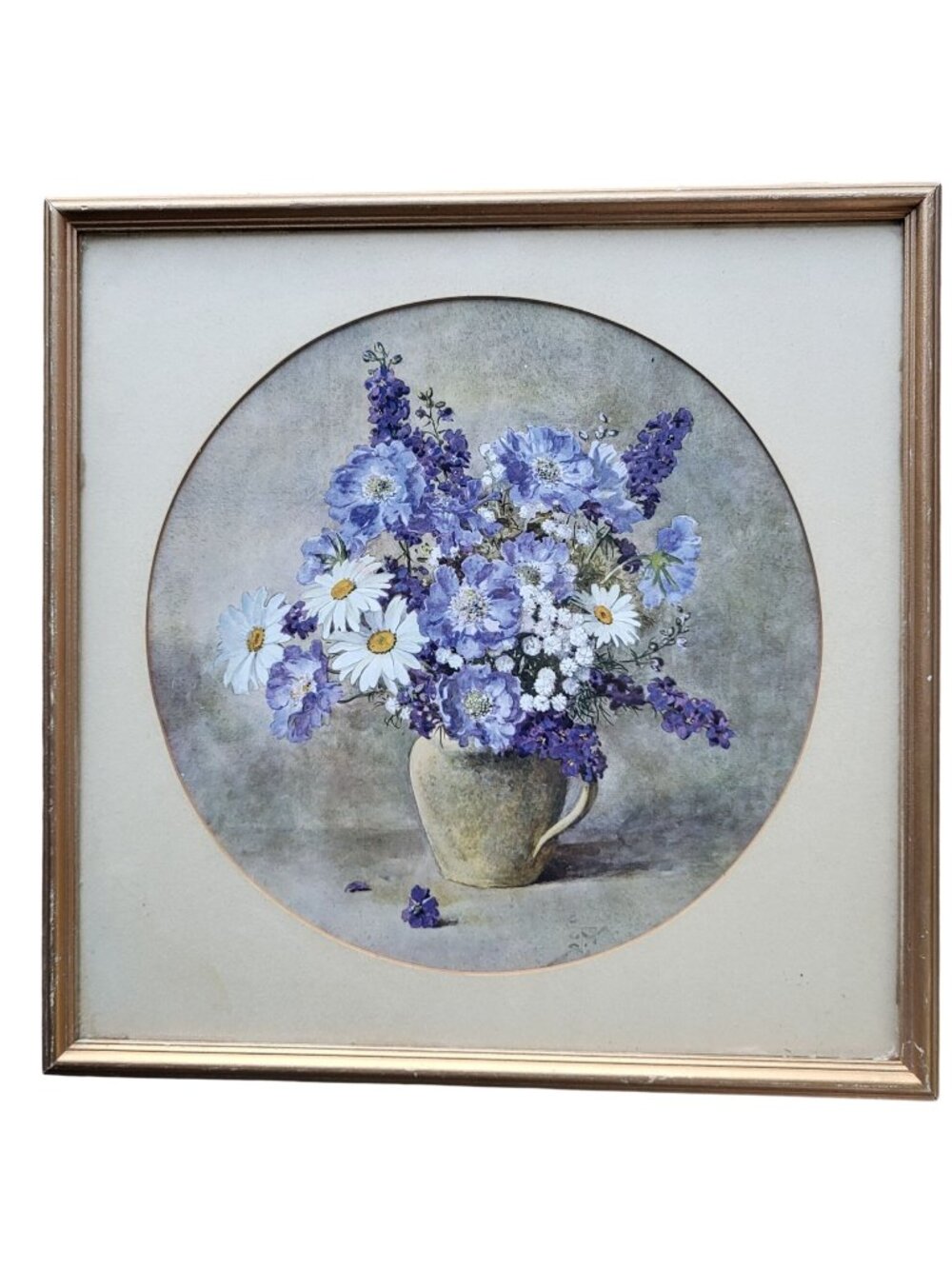 Vtg Framed Print of Blue Floral Bouquet - Cottagecore 13x13 in